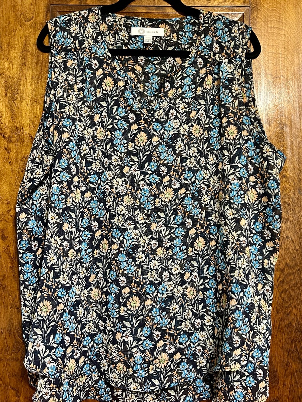 Floral V-Neck Sleeveless Blouse in Black with Blue, Yellow and Orange flowers